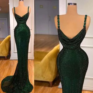 Robes de bal de sirène vert foncé Designer bretelles spaghetti paillettes scintillantes robe de soirée sur mesure formelle Ocn porter des robes plus la taille 401