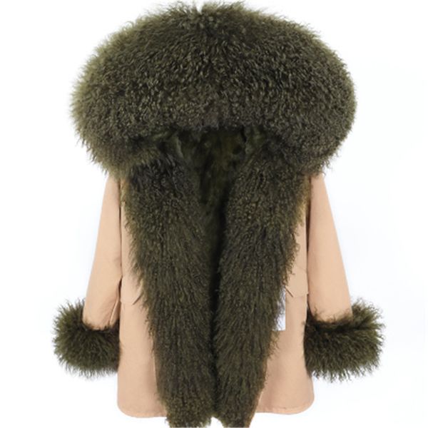 vert foncé fourrures de mouton de Mongolie garniture patte femmes parka MAOMAOKONG marque doublure en fourrure de lapin kaki longues parkas neige veste en toile fourrure coupée