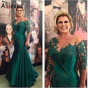 Donkergroene moeder van de bruid jurken pure nek lange mouwen elegante kanten appliques kralen prom avondjurken plooien mermaid formeel vestidos plus size cl0287