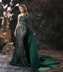 Robes mère de la mariée vert foncé, col de bijou transparent, appliques en dentelle, manches longues, sexy, une manche, robe de bal de soirée formelle sirène avec train détachable