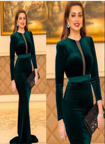 Musulmán verde oscuro Dubai Dubai Vestidos de la novia Cuello de joya Manga larga Velvet Ribbon Sash Vestido formal Formal Vestidos 2242566