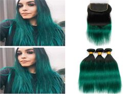 Faisceaux de cheveux péruviens ombrés vert foncé avec fermeture 1BGreen Ombre droite 3 paquets avec fermeture fermeture en dentelle vert ombré 4x4 wi2269374