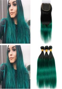 Paquetes de cabello peruano ombre verde oscuro con cierre 1bgreen ombre recto 3bundles con cierre de cierre de encaje verde 4x4 WI8613170