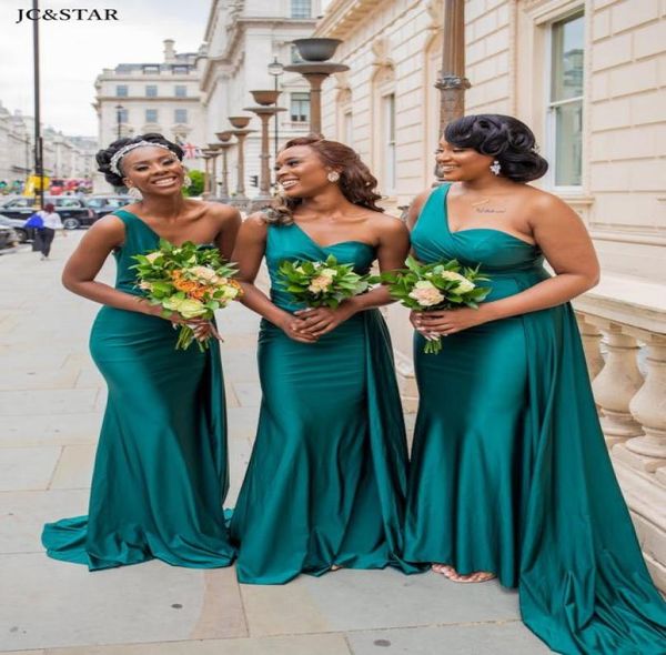 Vestidos de dama de honor de un hombro de color verde oscuro para África Diseño único Vestidos de invitados de boda de talla grande y de cuerpo entero Dama de honor junior8806198