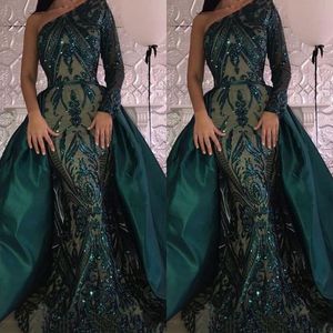 Dark Green Overskirts Prom Dresses 2018 One Shoulder Slobined Avondjurken met afneembare trein op maat gemaakt