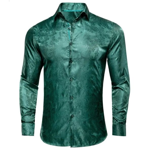 Camisa para hombre de seda de Paisley verde oscuro Camisas casuales de manga larga para hombres Jacquard Vestido de boda para fiesta de negocios para hombre Diseñador Hi-Tie 240304