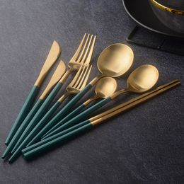Dark Green Portuguese Tableware Set Gold Coffee Spoon Sanding Chopsticks 304 Stainless Steel Gift Hotel Knife, Fork