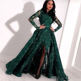 Robes de bal vert foncé manches longues dentelle paillettes appliques bijou cou fente ruban surjupe longueur de plancher robe de soirée tenue d'occasion formelle