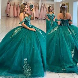 Robes de Quinceanera vert foncé en dentelle appliquée, corset perlé, dos sur les bretelles, sur mesure, robe de bal de princesse douce