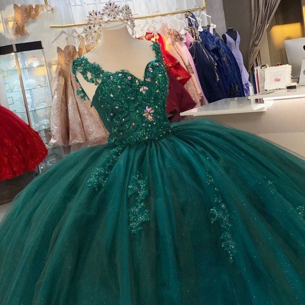 Vestidos de quinceañera de color verde oscuro, apliques de encaje, 16 vestidos con cuentas de cristal, vestido de baile de 15, vestidos de baile de máscaras