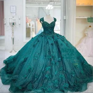 Donkergroen Quinceanera-jurken met 3D-bloemenappliqué Bandjes met kralen Korset Achterkant Tot de grond Sweet 16 Verjaardagsfeestje Gala Baljurk Grote maten