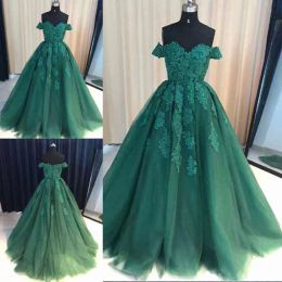 Donkergroene quinceanera -jurken met kanten applique van de schouder kralen ritssluiting achter mouwloze prom zoete 16 avondbal jurk vestidos 403