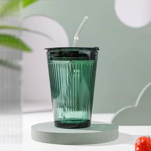 Donkergroene afdichting glazen kopjes rietjes tuimelaars koffie koud water drink ijs sipper 450 ml capaciteit flessen met deksels mokken drinkware zomer wijnsap melkthee drinkgares