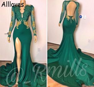 Vert foncé sexy col en V robes de bal manches longues dentelle appliques perlées sirène formelle robes de soirée arabe Aso Ebi fente latérale dos nu robes De Festa fête AL6063