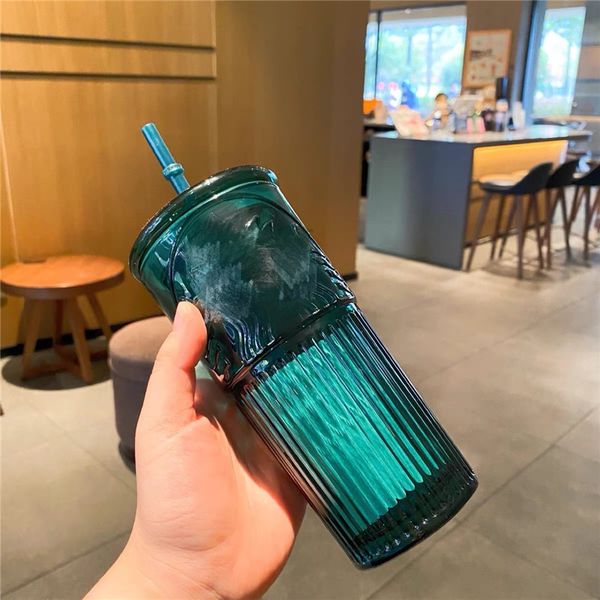 Taza de paja verde oscuro Tazas Tazas de paja de vidrio de diseñador 550 ml Botellas de agua de gran capacidad Regalo