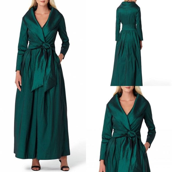 Vestidos de madre de la novia de tafetán verde oscuro, manga larga, cuello en V, vestido de novio de boda barato, vestidos de noche formales de talla grande