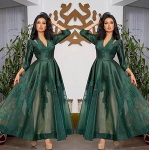 Donkergroene v -nek satijnen avondjurken lange mouwen lange mouwen tule kanten applique ruched enkel lengte prom formal slijtage feestjurken optocht jurk