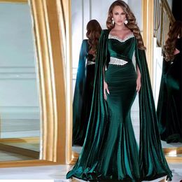 Dark Green Veet Mermaid avondjurken met cape mouw plus size ruched vestidos speciale ocn beroemde prom jurken