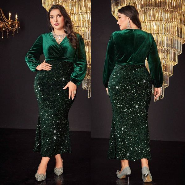 Robes mère de la mariée en velours vert foncé, à paillettes, manches longues, robe d'invitées de mariage, décolleté en V, grande taille, robes de soirée