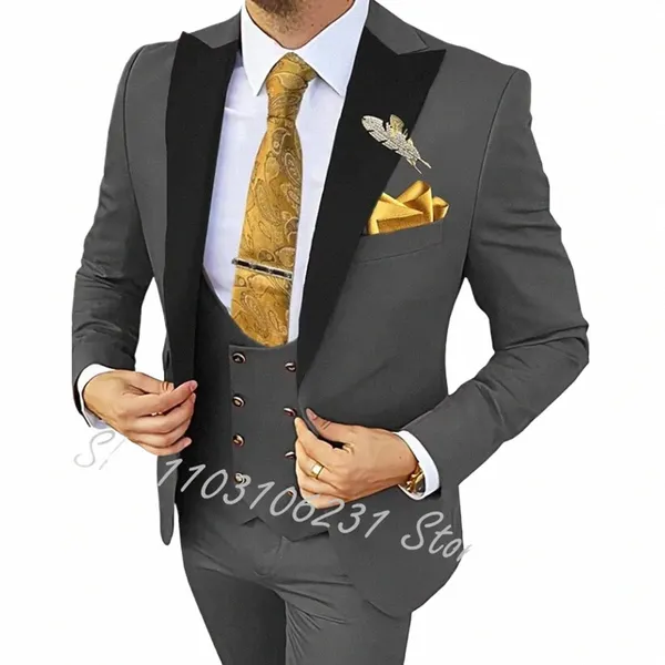 Costume 3 pièces pour hommes, gris foncé, veste, pantalon, gilet, smoking de marié, formel, coupe cintrée, Blazer, Costume Homme p1R8 #