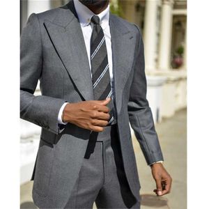 Dark Grey Casual Mens Suits Slim Fit 2 Stuks Formele Gelegenheid Piek Revers Jas met Pant Jacket Bruiloft Tuxedos Bruidegom 2021 X0909