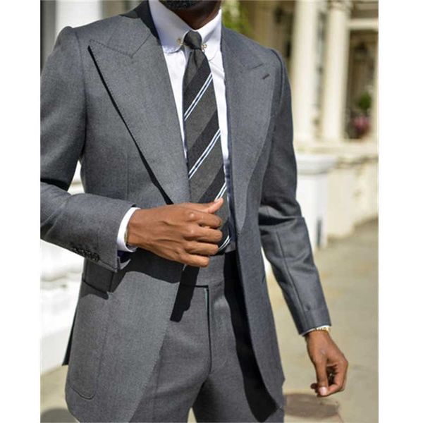 Costumes pour hommes décontractés gris foncé Slim Fit 2 pièces Occasion formelle Manteau à revers avec veste de pantalon Tuxedos de mariage Groom 2021 X0909