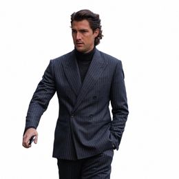 Costumes rayés gris foncé hommes double boutonnage pic revers Busin Blazer mariage marié smoking 2 pièces veste pantalon Terno Masculino V4bN #