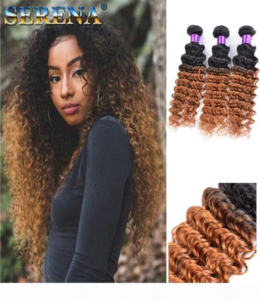 Miel foncé cheveux blonds coloré 1B 30 blond racine foncée ombre brésilienne vague profonde bouclés cheveux humains tissage extensions de trame 3 faisceaux 4251167