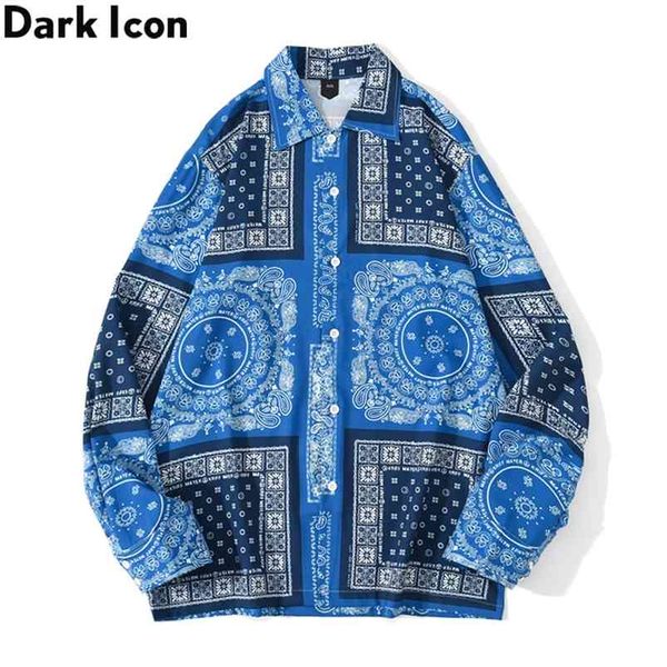 Dark Icon Blue Bandana Shirt Men Turn-down Collar Street Men's Long Sleeve Casual s Man 210721