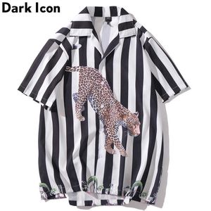 Dark icon Leopard imprimé hip chemise Homme Hommes Mode Noir Stripe Shirts Short Sleeve Hommes Tops 210721