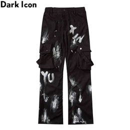 Dark Icon-pantalones Cargo bolsillos laterales para hombre pantaln media cintura elstica color blanco y negro 0214