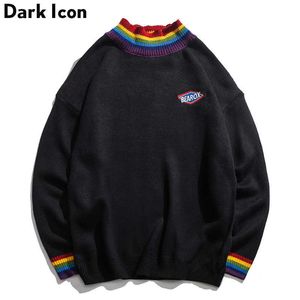 Donker icoon regenboog kraag pullover heren trui winter losse stijl voor mannen high street s zwart witte 210909