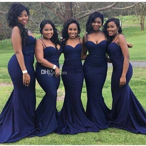 Vestidos de dama de honor de sirena azul marino Vestidos de dama de honor de país africano de espagueti sexy Satén largo Nigeria Elegantes túnicas de fiesta de dama de honor