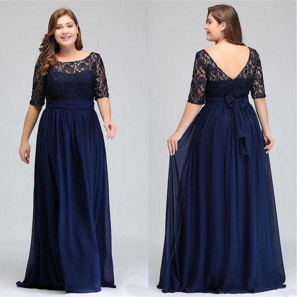 Bleu Marine Noir Bordeaux Demi Manches Longues Plus La Taille Robes De Bal En Dentelle Top Une Ligne En Mousseline De Soie V Retour Mère De Robes De Mariée Robes Pas Cher SD3399