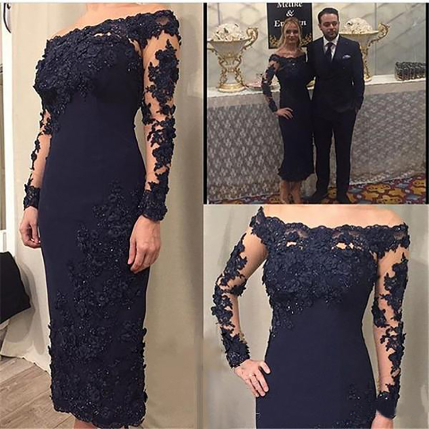 Dark Navy Blue Lace Short Mother Of The Bride Long Sleeve Off Shoulder Sheath Knee Length Evening Gowns Wedding Guest Party Dress