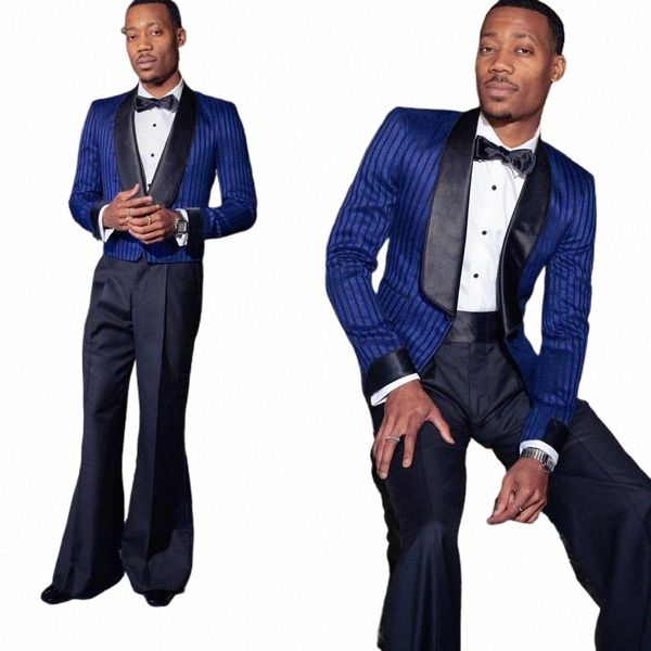 Bleu marine foncé hommes costume sur mesure 2 pièces blazer court pantalon large un revers revers mariage marié casual bal sur mesure k1gv #