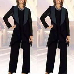 Dark Navy Blue Mom's Pant Suits Lady Evening Party Suits With Long Jacket Lady Evening Jurken Chiffon Mother of the Bride Pant Suits