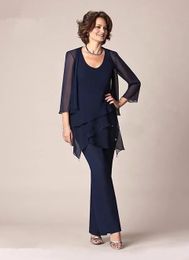 Dark Navy Chiffon Three Pieces Mother of the Bride Pant Suits Jackets Broeken 3/4 lange mouwen trouwfeestavond bruidegomjurken