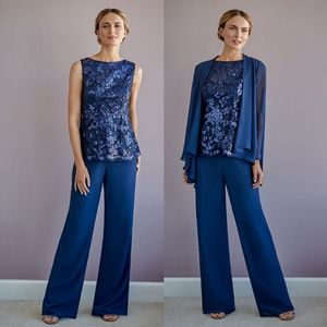 Dark Navy Lace Mother of the Bride Pant Suits met lange mouwen jas bruiloft gast jurk chiffon plus size moeders bruidegomjurken 415