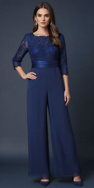 Bleu marine foncé mère de la robe de mariée costumes robes de mère Scoop droit 3/4 manches longues en mousseline de soie applique fermeture éclair personnalisée à lacets grande taille nouveau