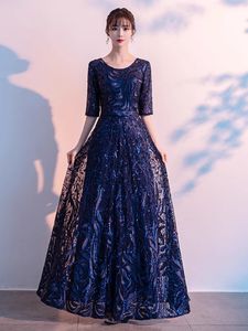 Robes de mère de la mariée bleu marine foncé élégante robe de soirée longue demi-manches à lacets dos longueur de plancher