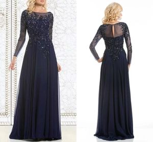 Dark Navy Moeder van de Bruid Jurken Glitter Pailletten Kralen Formele Avond Feestjurken Vloerlengte Een Lijn Chiffon Lange Mouwen Vrouwen Speciale Gelegenheid Jurk Al9924