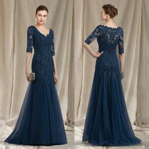 Dark Navy Mother of the Bride robes 3/4 manches V cou de lace en dentelle en tulle