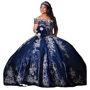 Robes De Quinceanera bleu marine foncé pour Sweet 16 robe De princesse perles paillettes robes De fête D'anniversaire Vestido De 15 Anos