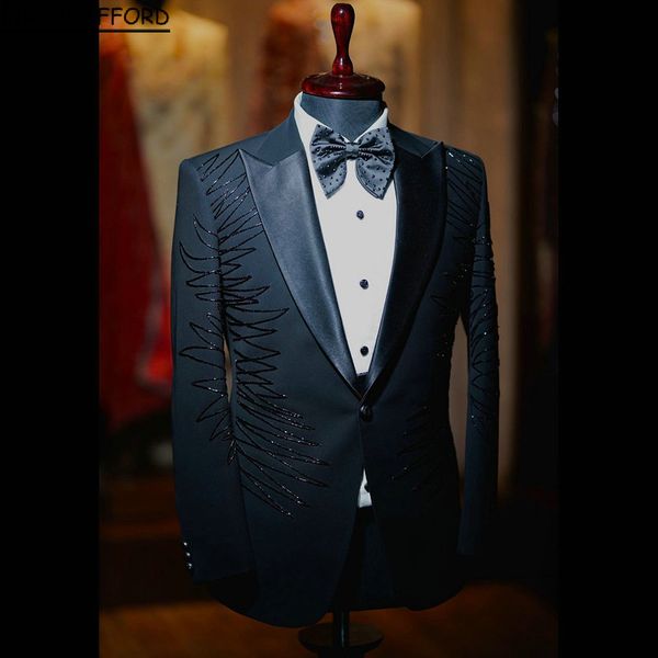 Dark Navy pailled deux pièces Men Suit en soirée Party Blazer Groom Wear (veste + pantalon)