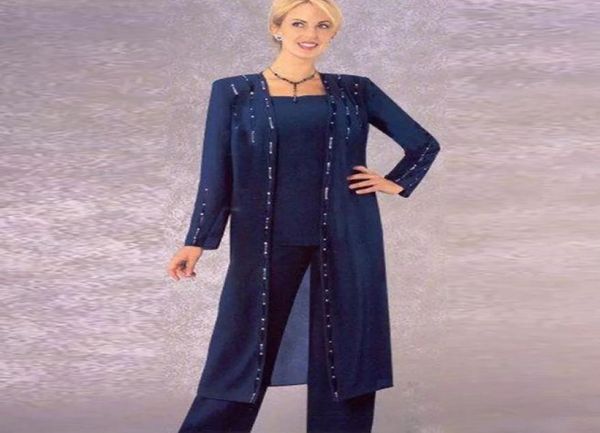 Bleu marine foncé trois pièces mère de la mariée pantalons costumes col carré manches longues robes d'invité de mariage en mousseline de soie grande taille perlée Form2849904