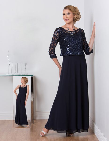 Dark Navy Ursula mère des robes de mariée avec veste pailletée pas cher une ligne robe d'invité des mères