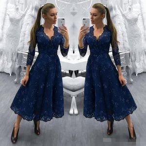 Dark Navy V Neck Prom Jurken Lace Applique kralen thee lengte 3/4 lange mouwen plus maat formele ocn slijtage avond feestjurken 403