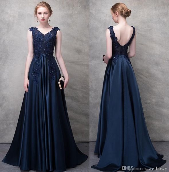 Robes de soirée en satin bleu marine foncé col en V vêtements de cérémonie sans manches simples longueur de plancher modeste perles robes de bal après robes de soirée