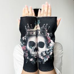 Dark Punk Halloween automne/hiver gants à doigts ouverts couronne tête de crâne impression bras couverture gants pour hommes et femmes